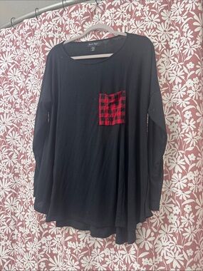 Charlie Paige Black Long Sleeve Tee with Red Buffalo Plaid Pocket